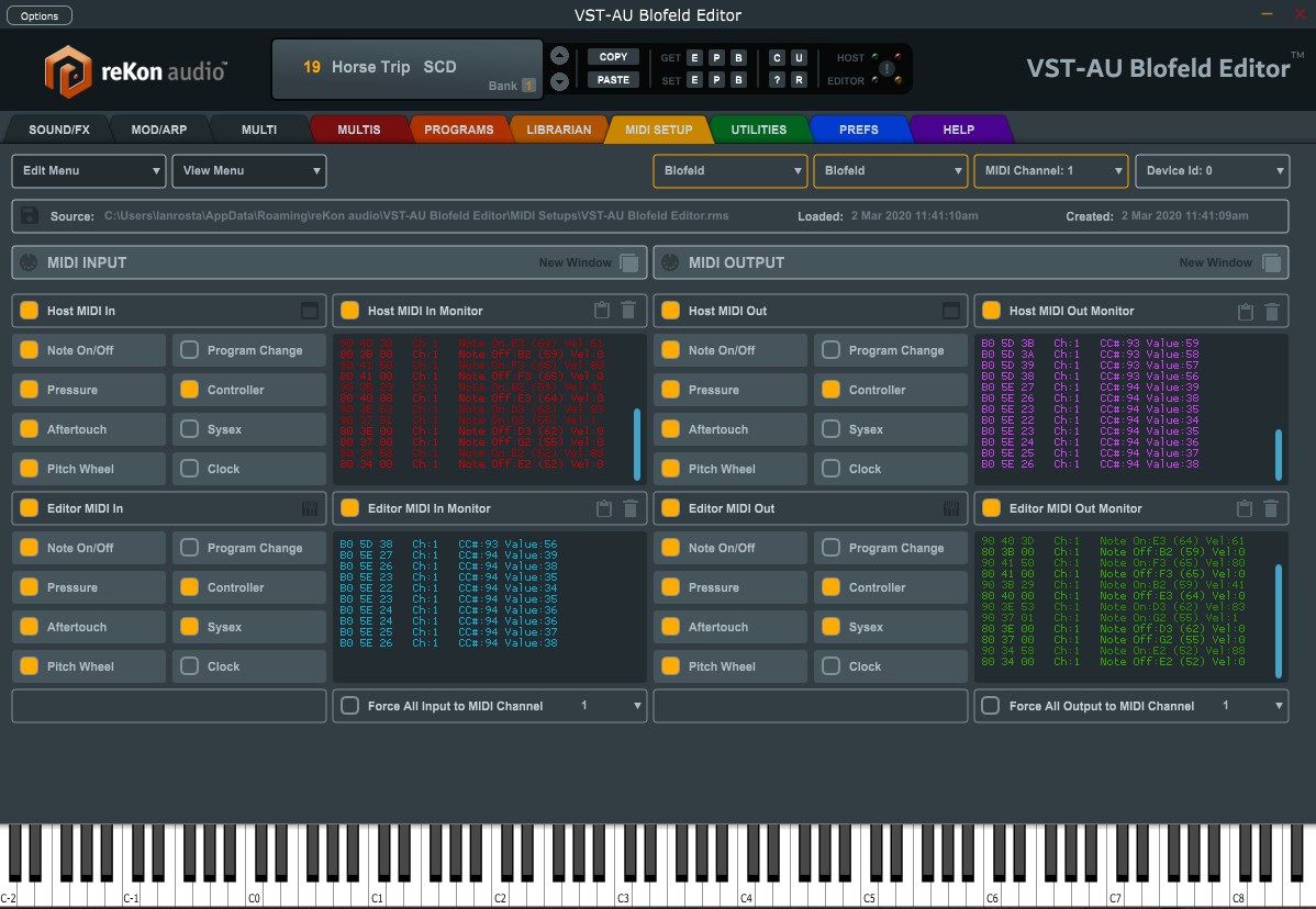 reKon audio VST-AU Blofeld Editor MIDI Setup Screen