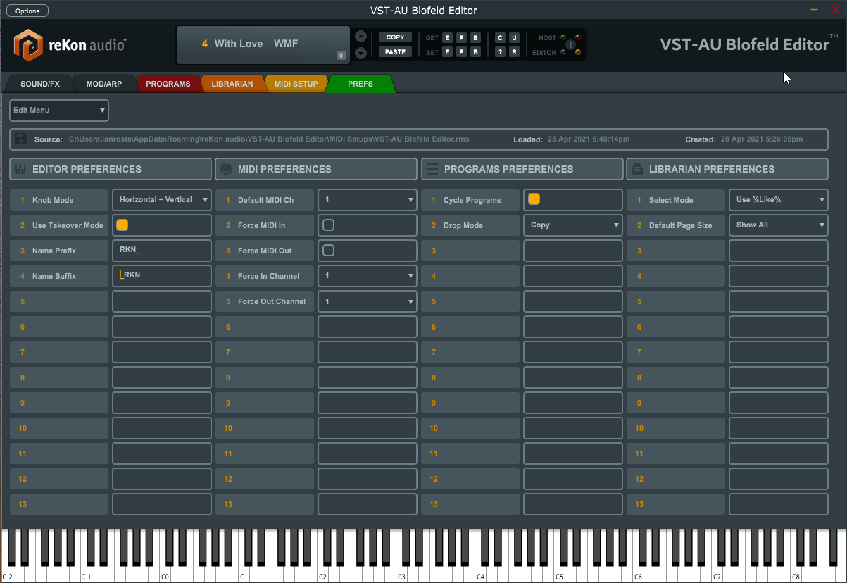 reKon audio VST-AU Blofeld Editor Preferences Screen