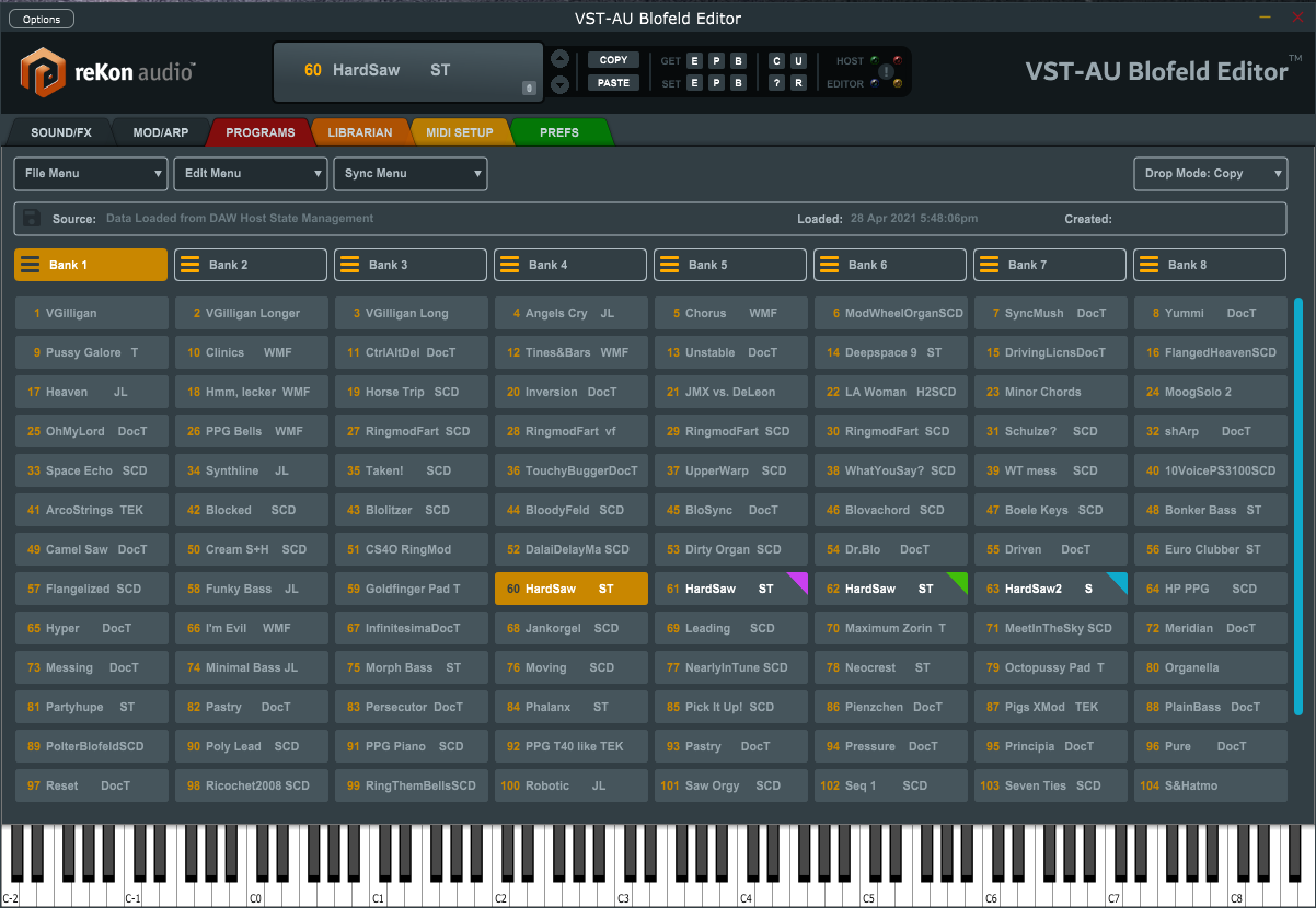 reKon audio VST-AU Blofeld Editor Programs Screen